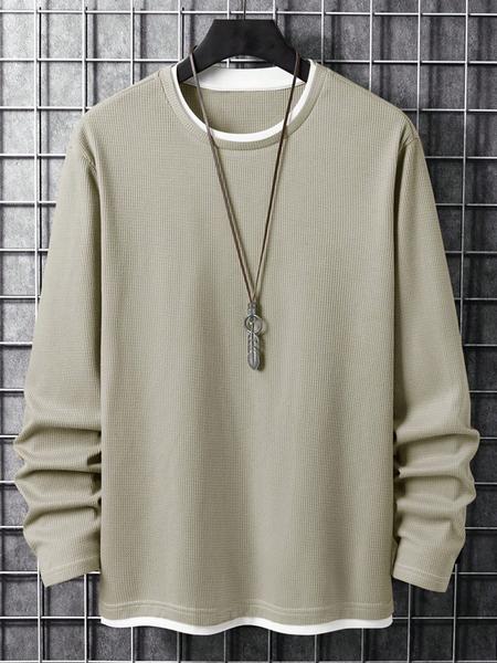 Men's Autumn Winter Long Sleeve Waffle Knit Crewneck T-Shirt, Casual Fitted Plain Top, Regular Fit Bottom Layer, Comfortable Daily Wear