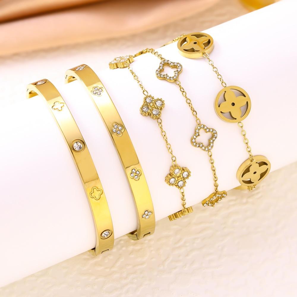Gold Tone Clover Charm Bracelet & Bangle Set for Women, Dainty Flower Link Bracelet with CZ Bangle, Elegant Everyday Jewelry