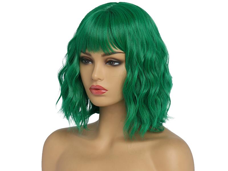 BESTUNG Short Green Wigs for Women Green Wavy Bob Wig with Bangs Medium Length Synthetic Hair Water Wave Dark Roots Wig Gray Colorful Wigs（12inch）