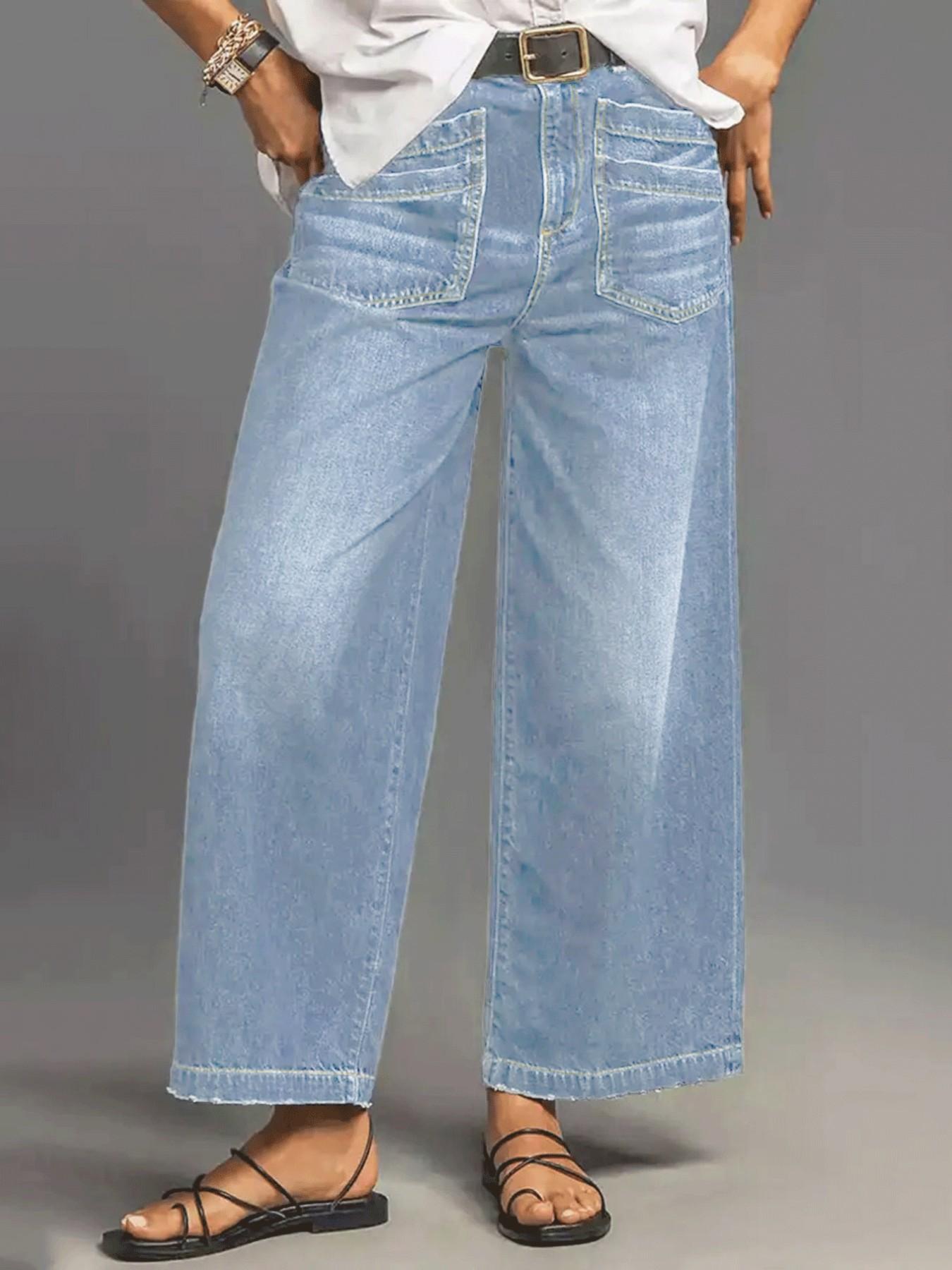 Women's Loose-Fitting Denim Wide Leg Pants, Casual Fashion Jeans, Womenswear, All Seasons Wear, Plain Pattern, Pockets, Comfortable and Stylish