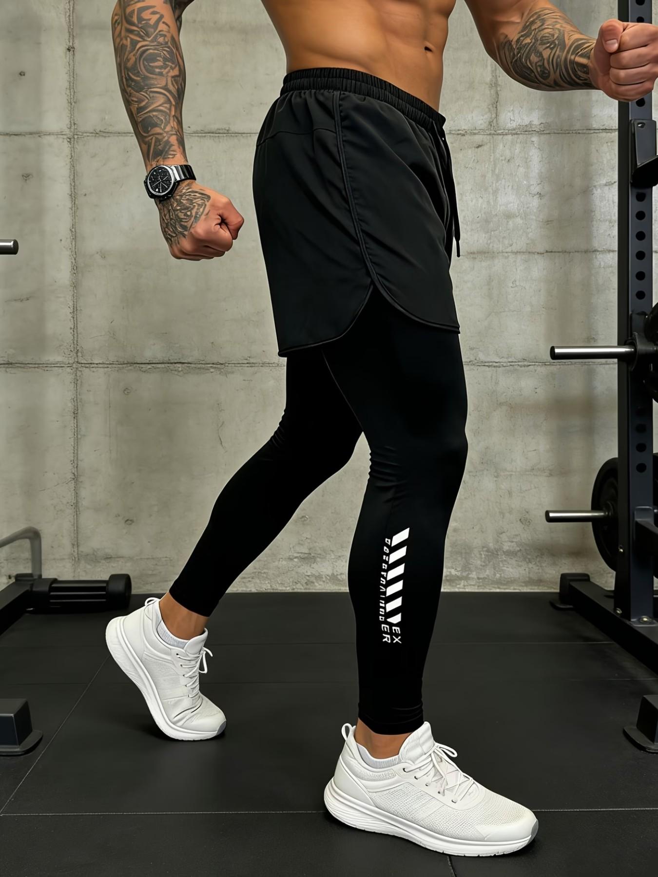 Men's Two-In-One Training Shorts and Compression Pants, High Elasticity Workout Shorts, Summer Multifunctional Shorts, Asymmetric Hem