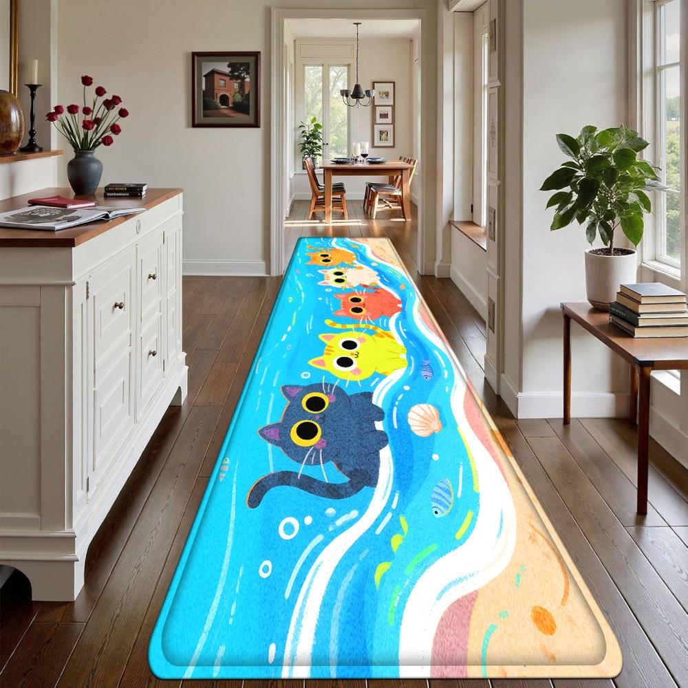 1PC， Colorful Cats on the Beach Patterned strip rugs, home décor, bathroom mats, entryway mats, bathroom non-slip mats, indoor entrance rugs, bedroom bedside mats, kitchen mats, hallway rugs, flannel sponge rugs, hallway runner rugs