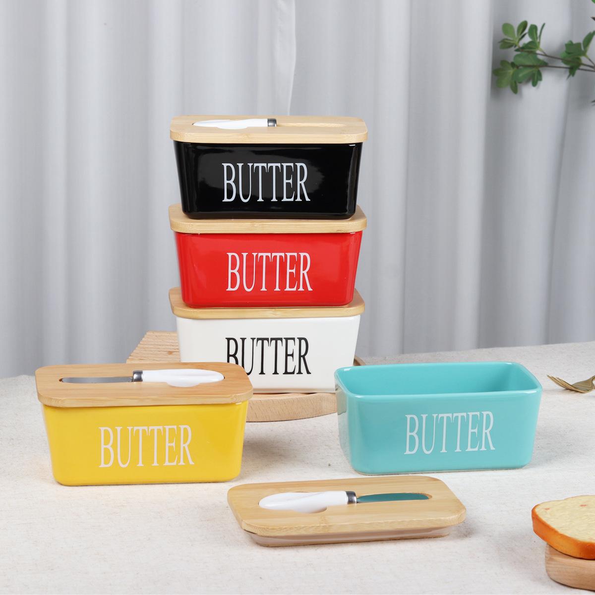 Ceramic Butter Dish with Knife, Rectangular Cheese Container with Wooden Lid, Ceramic Butter Box for Kitchen Use