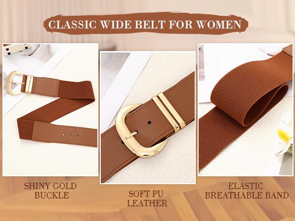 JASGOOD Women Wide Elastic Waist Belt for Dresses Fashion Gold Buckle Stretchy Leather Waistband for Ladies