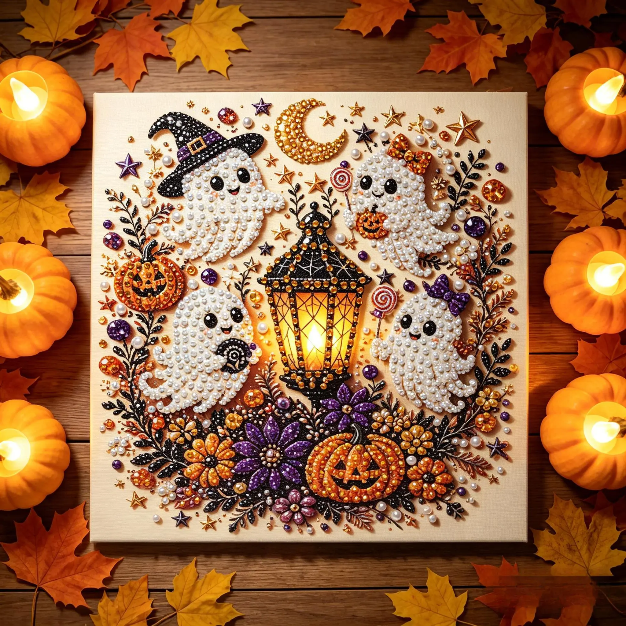 10"x10" Halloween Ghost Pearl Art DIY Kit, Spooky Cute 3D Diamond Painting Crafts, DIY Fall Home Decor Wall Art, Beginner DIY Seasonal Party Gift