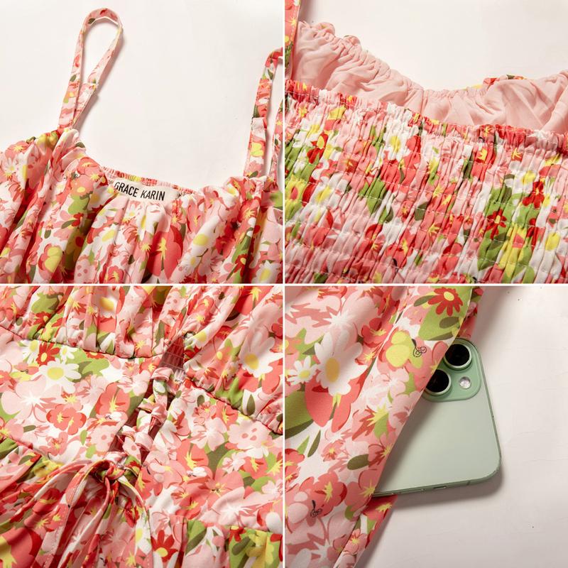 【Valentine's Day Limited】GRACE KARIN Women's Summer Floral Dress Spaghetti Strap Smocked Tiered Casual Boho Maxi Long Sundress with Pockets