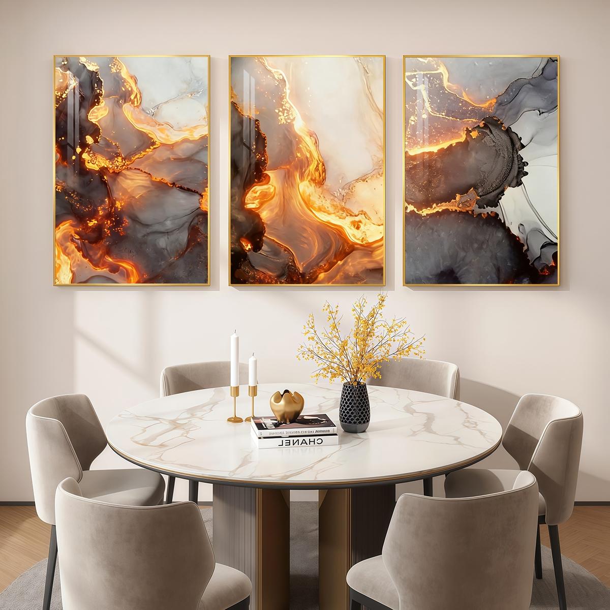 3 Counts Aluminum Alloy Framed Painting, Abstract Golden Lava Flow Pictures, Home Decoration For Living Room, Bedroom, Office, Restaurant, Hallway Wall Decor, Odorless Print Artwork, Luxury Perfect Gift For Friends And Family