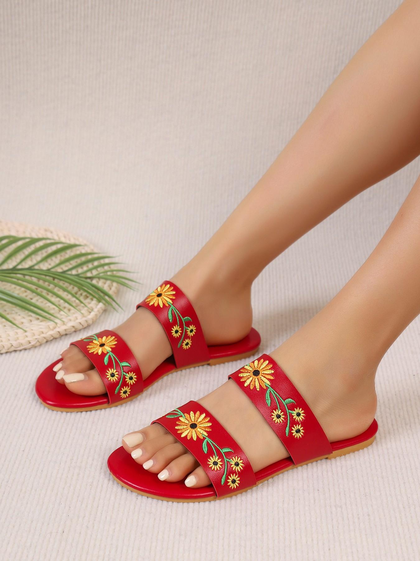 Ethnic Sunflower Embroidered Sandals, Soft Sole Comfortable Flip Flops, Multi-Color Options, Beach Vacation Casual Shoes
