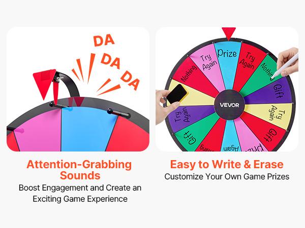 VEVOR 24 in Spinning Prize Wheel, 14 Slots Spinning Wheel with Tripod, Adjustable Height Win Fortune Roulette with a Dry Erase and 2 Markers, 6 Colors, Easy Assembly, for Party Pub Trade Show Carnival