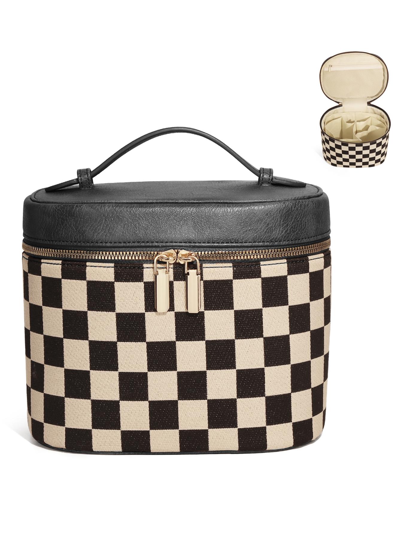 Fashion Checkered Makeup Bag Vanity Case for Women Leather Cosmetic Bag Travel Toiletry Bags Portable Makeup Organizer Case