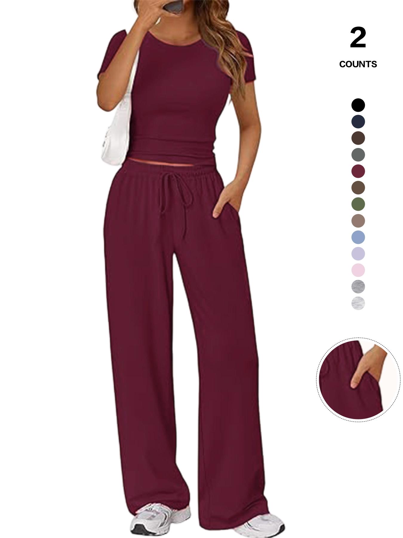 Women's Spring Summer Casual Set, Round Neck Short Sleeve Top & Wide Leg Pants, Slim Fit Home Wear, 2 Piece Comfortable