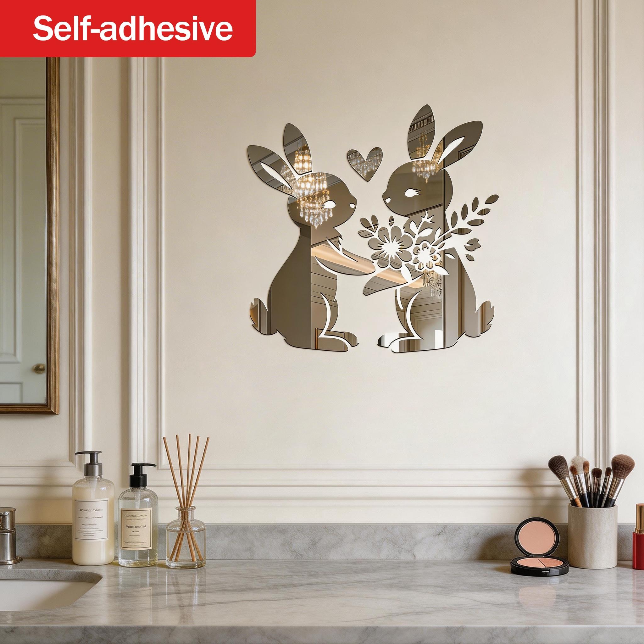 Floral Rabbit Heart Mirror Wall Hanging Makeup Mirror, Decorative Wall Mirror for Living Room Bedroom, Creative Gift Idea