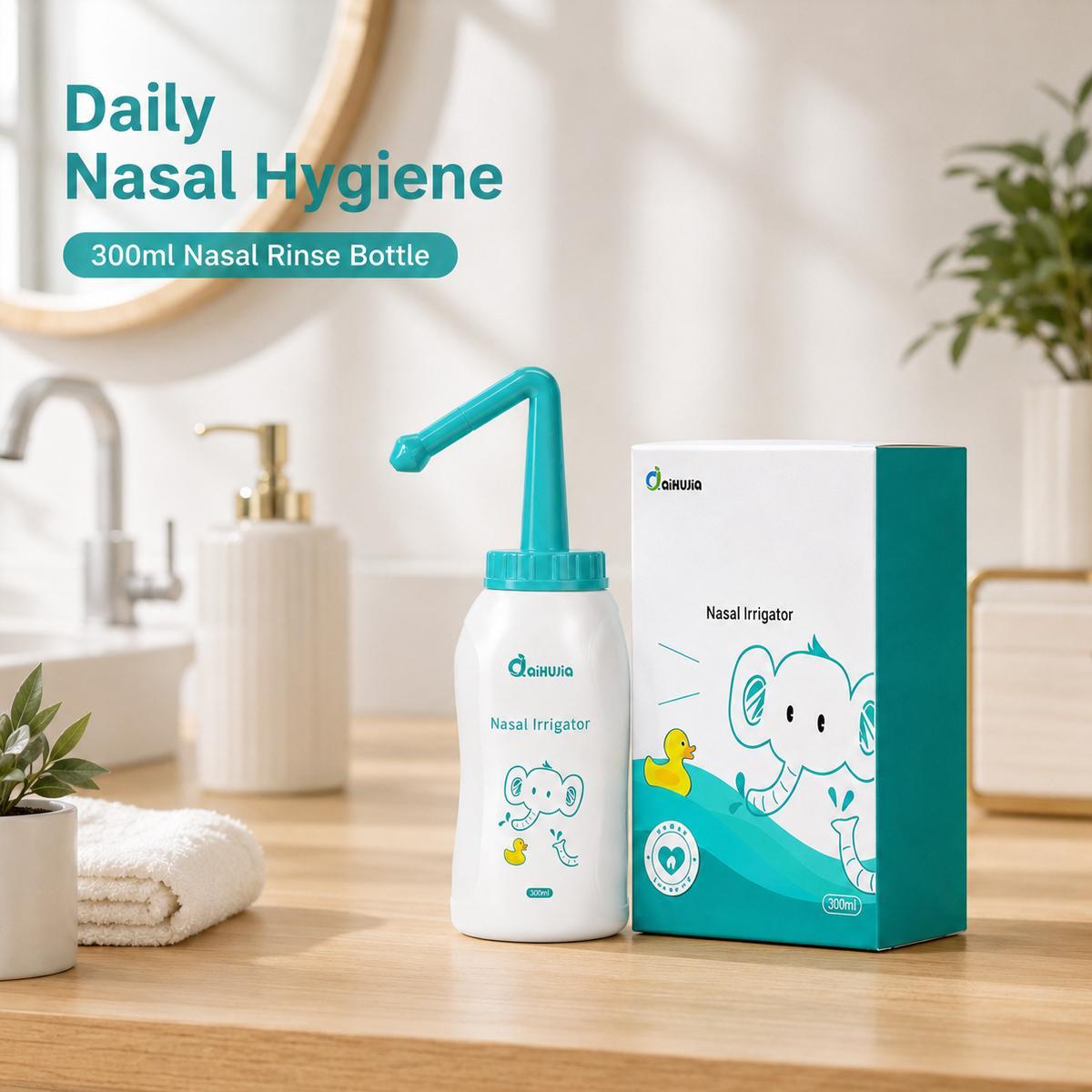 300ml Neti Pot Sinus Rinse Bottle, Pressure Nasal Irrigation Wash Sinus Rinsing Bottle,Cartoon elephant pattern, Single hole and 3-hole nasal irrigation device, Nose Cleaner, Manual Nasal Washer,for Daily Nasal Hygiene, Allergy,Sinus Congestion