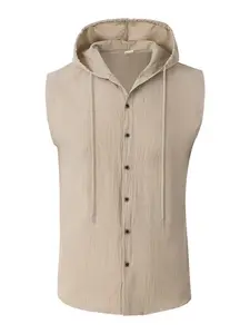 American-style retro Casual men's sleeveless hooded top with single-button drawstring design and loose, breathable linen shirt