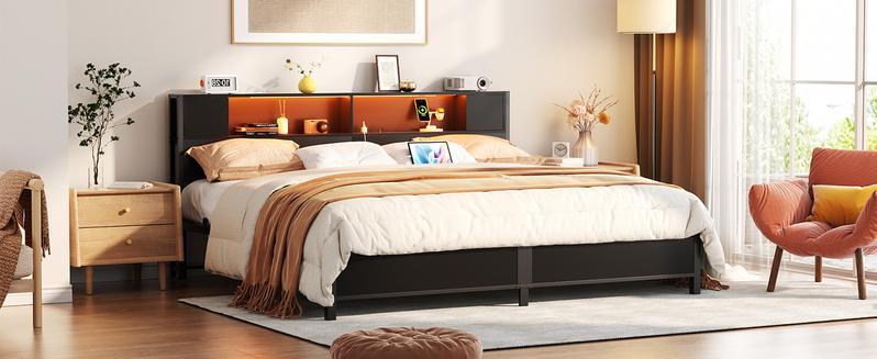 Homieasy Bed Frame with Storage Headboard and Charging Station, Luxury Cool Bed Frame with LED Lights, Steel Slat Support, No Box Spring Needed, Noise-Free, Easy Assembly