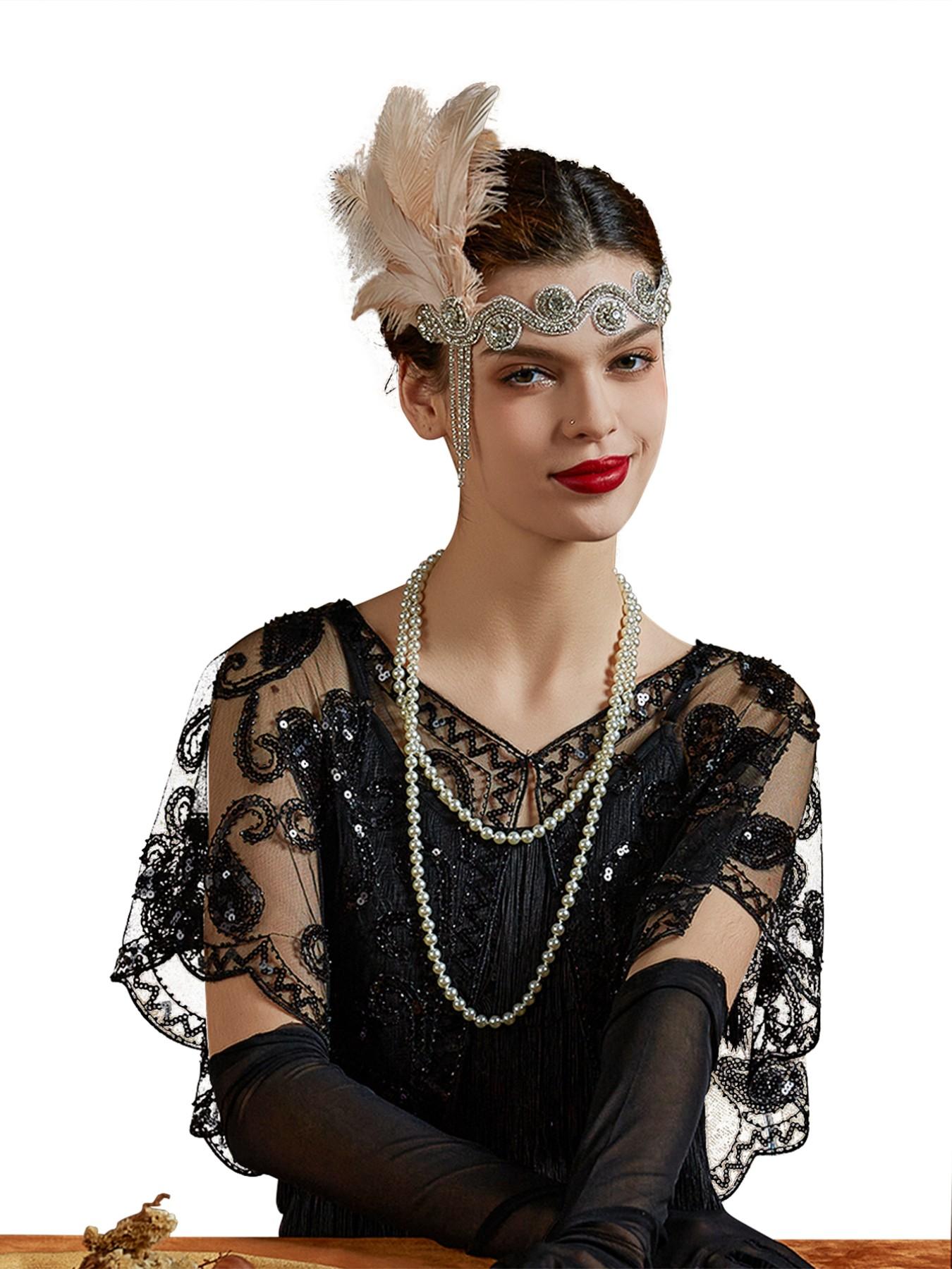1920s Headpiece Flapper Headband, Rhinestone Pearl Feather Hair Band Great Gatsby Headpiece Accessoreis for Women,Champagne