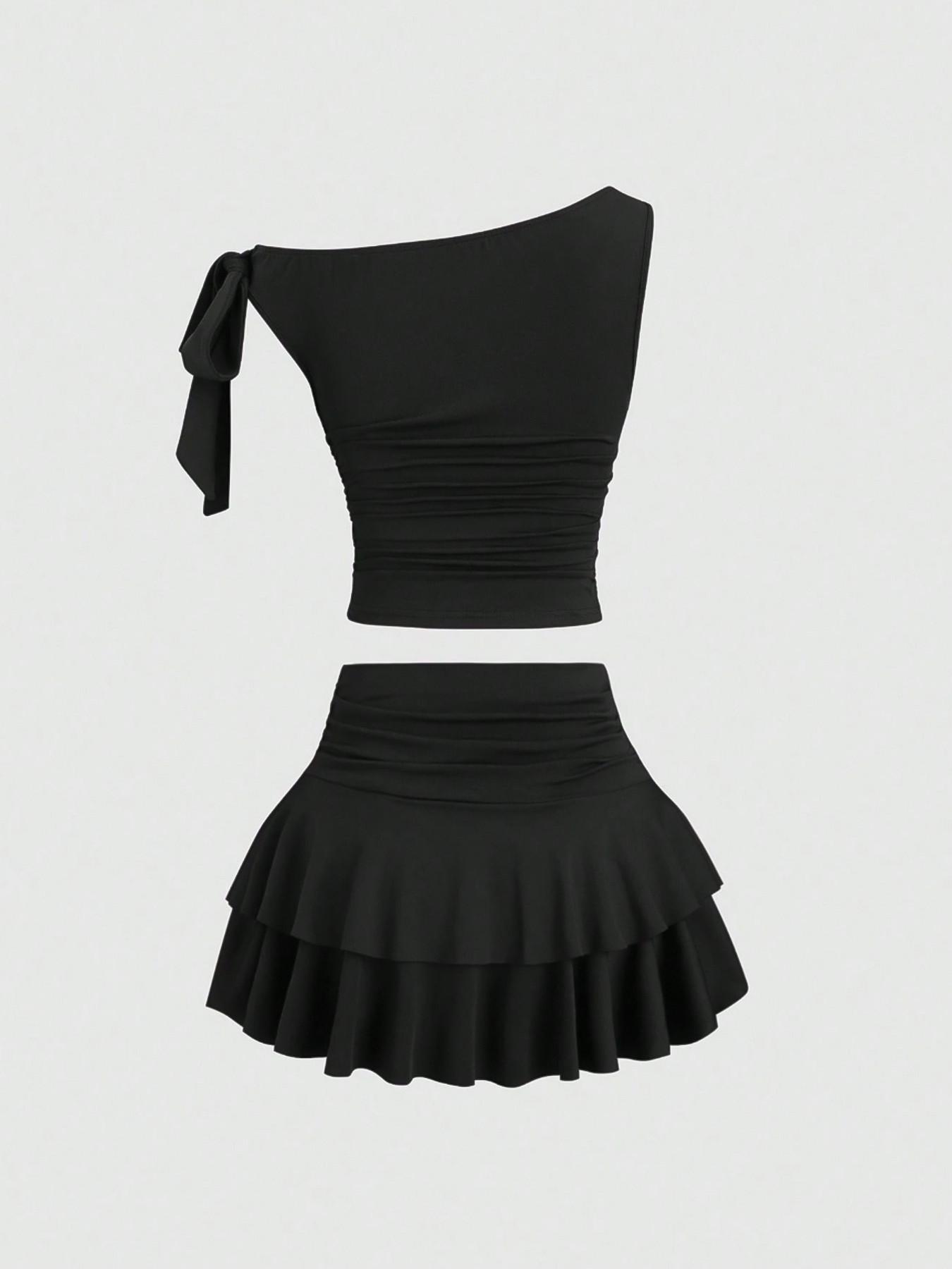2pcs/Set Women's Summer Metallic Flower Decor Spaghetti Strap Tank Top & Pleated Layered Short Skirt Set，Casual One-Shoulder Bow Pleated Slim Fit Elastic Top with Double Layer Ruffled Skirt Set, Fashionable and Comfortable Shirt Skirt Set