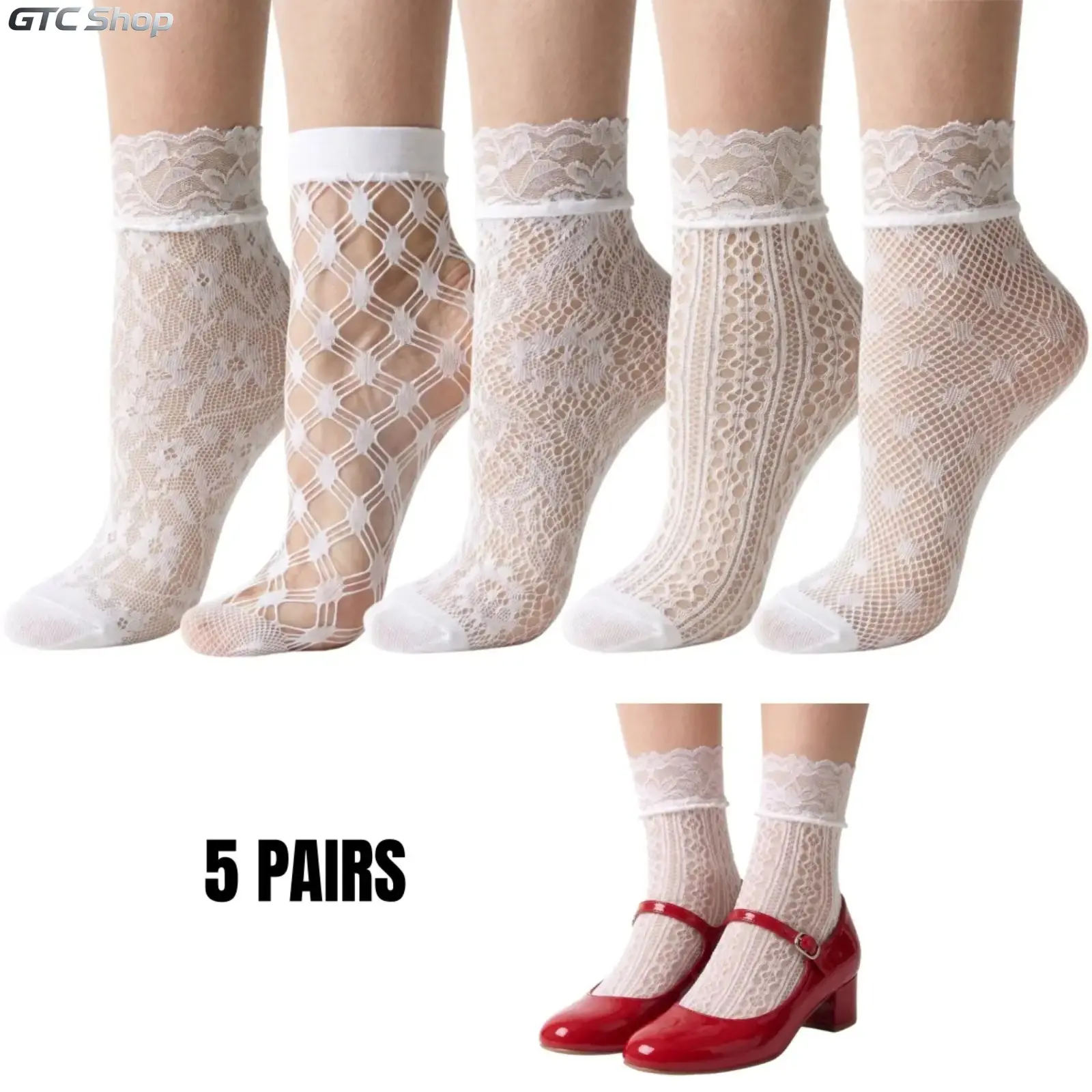 Women's 5‑Pack Patterned Lace Anklet Socks, Vintage Chic Aesthetic Ruffled Trim Socks, Soft Breathable Mesh Spandex Sheer Seamless Socks, 5‑Styles‑in‑1 Set, Floral & Stripe Print for Feminine Everyday Wear, White