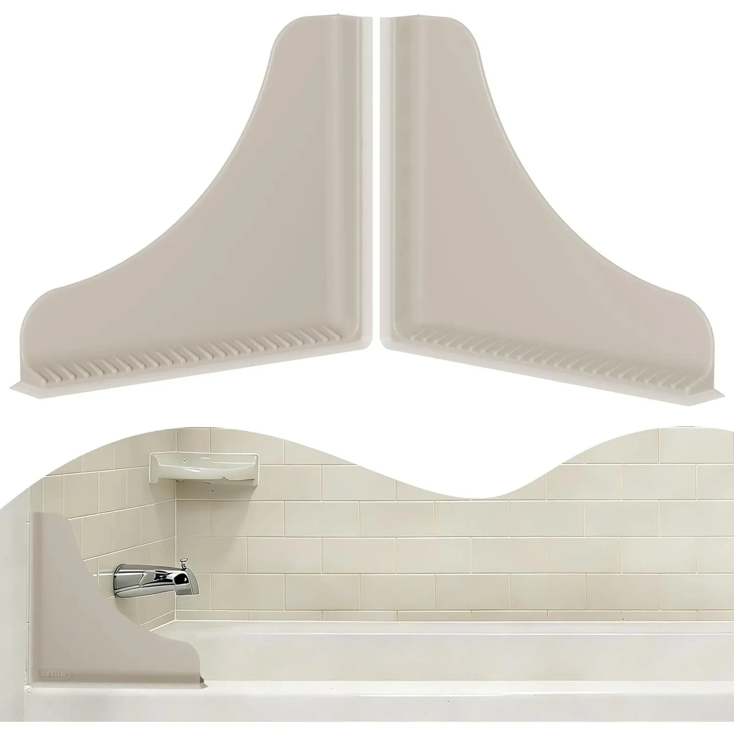 Silicone Shower Splash Guard 2 Pack with Suction Cups, No Adhesive Corner Water Barrier for Tub & Walk-in Shower, Reusable Leak-Resistant Splash Catcher for Smooth Surfaces, Taupe