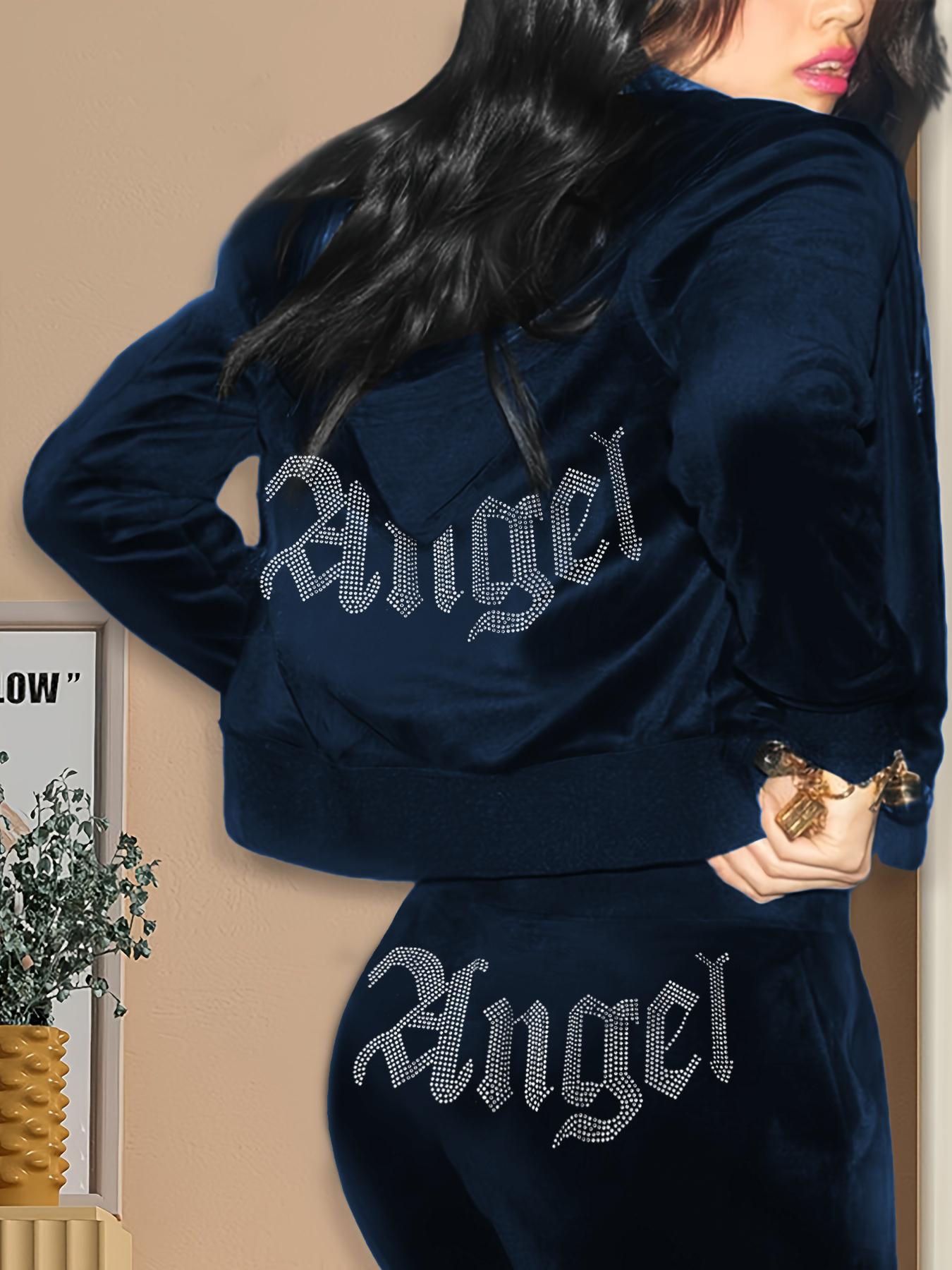 Women's "Angel" Rhinestone Letter Decor Pants Set, Casual Zip Up Hoodie & Elastic Waist Pants Set for Spring & Fall, Women's Clothes