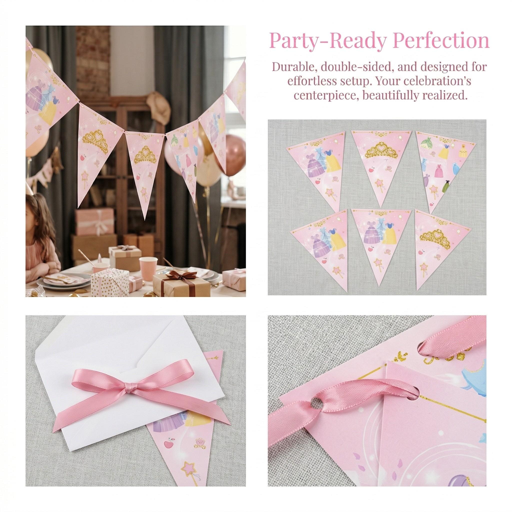 12pcs set of girls' clothing-themed party supplies Happy Birthday banner party decorations, featuring pink triangular flags with crown and dress print design, home wall decoration, wedding anniversary, holiday celebration supplies