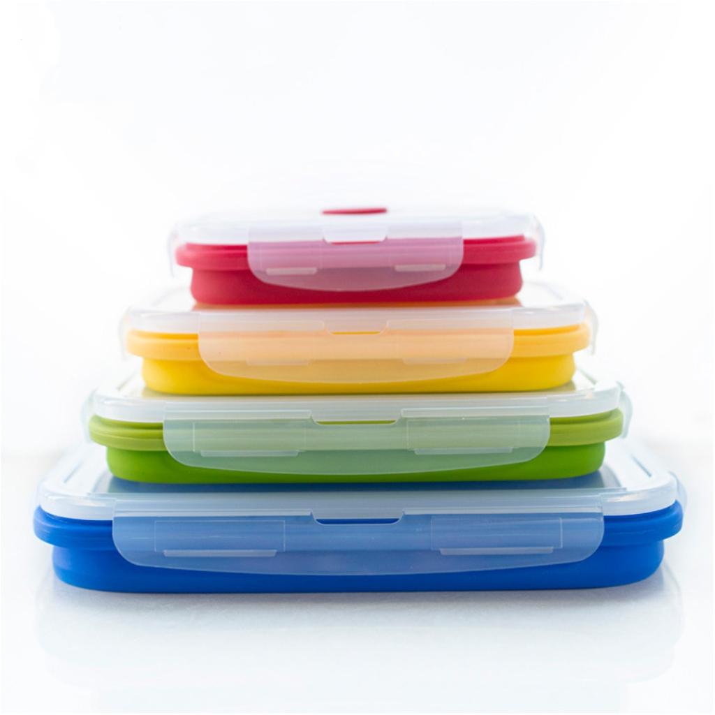 Set of 4 Collapsible Foldable Silicone Food Storage Container, Leftover Meal Box With Airtight Plastic Lids For Kitchen, Bento Lunch Boxes-Microwave, Dishwasher and Freezer Safe