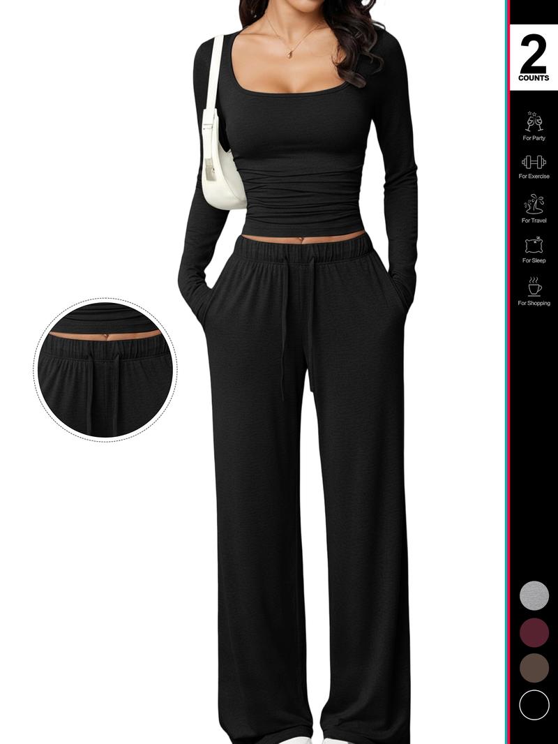 Women's 2 Piece Matching Lounge Set, Fitted Square Neck Long Sleeve Crop Top, High Waisted Wide Leg Drawstring Pants, Casual Sweatsuit