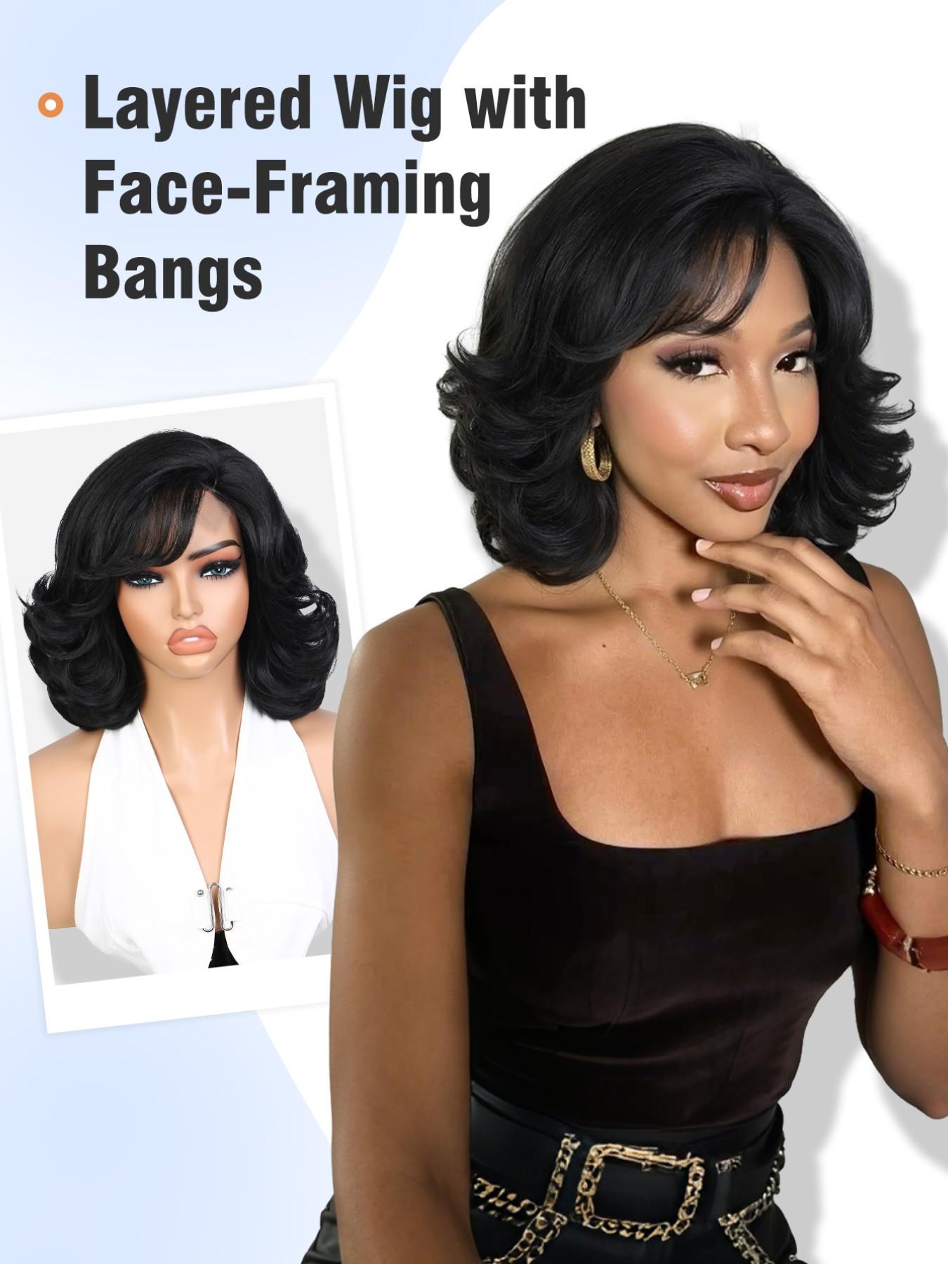 Curly Bob Wig with Bangs, Yaki Wavy Short Shoulder Length  display picture 2