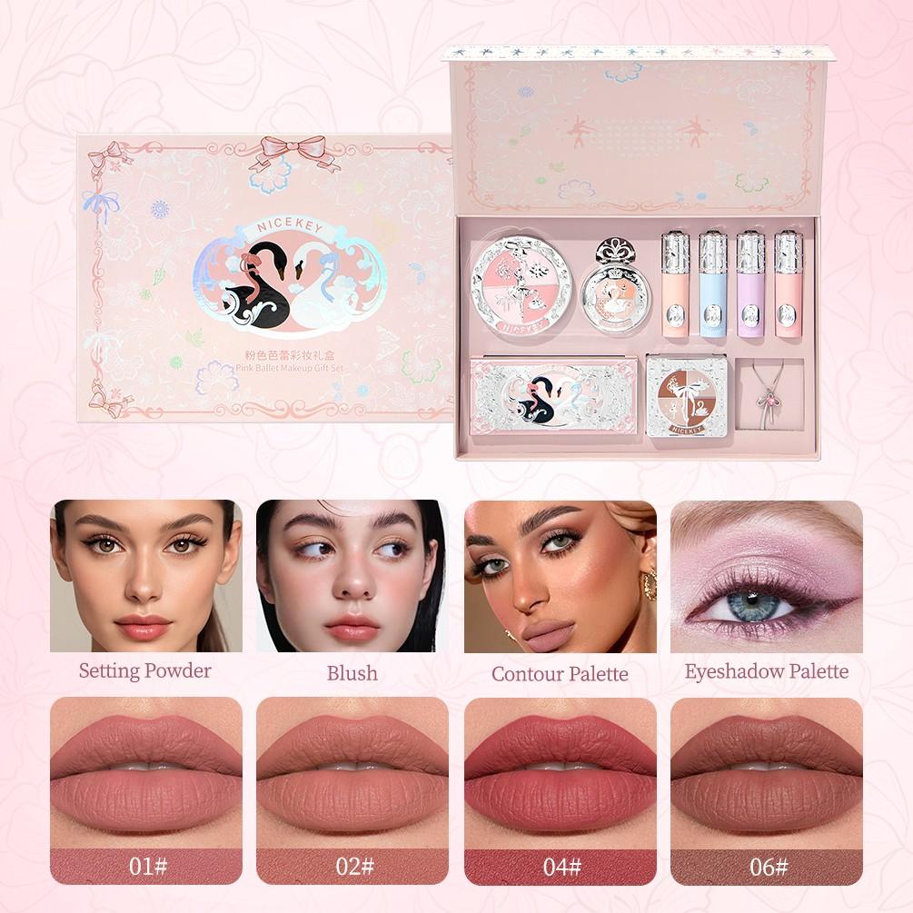 Ballet Makeup Gift Box Set, Lip Balm + Powder + Highlighter + Eyeshadow Palette, Perfect Holiday Gift with Gift Bag & Card, Makeup Kit Set