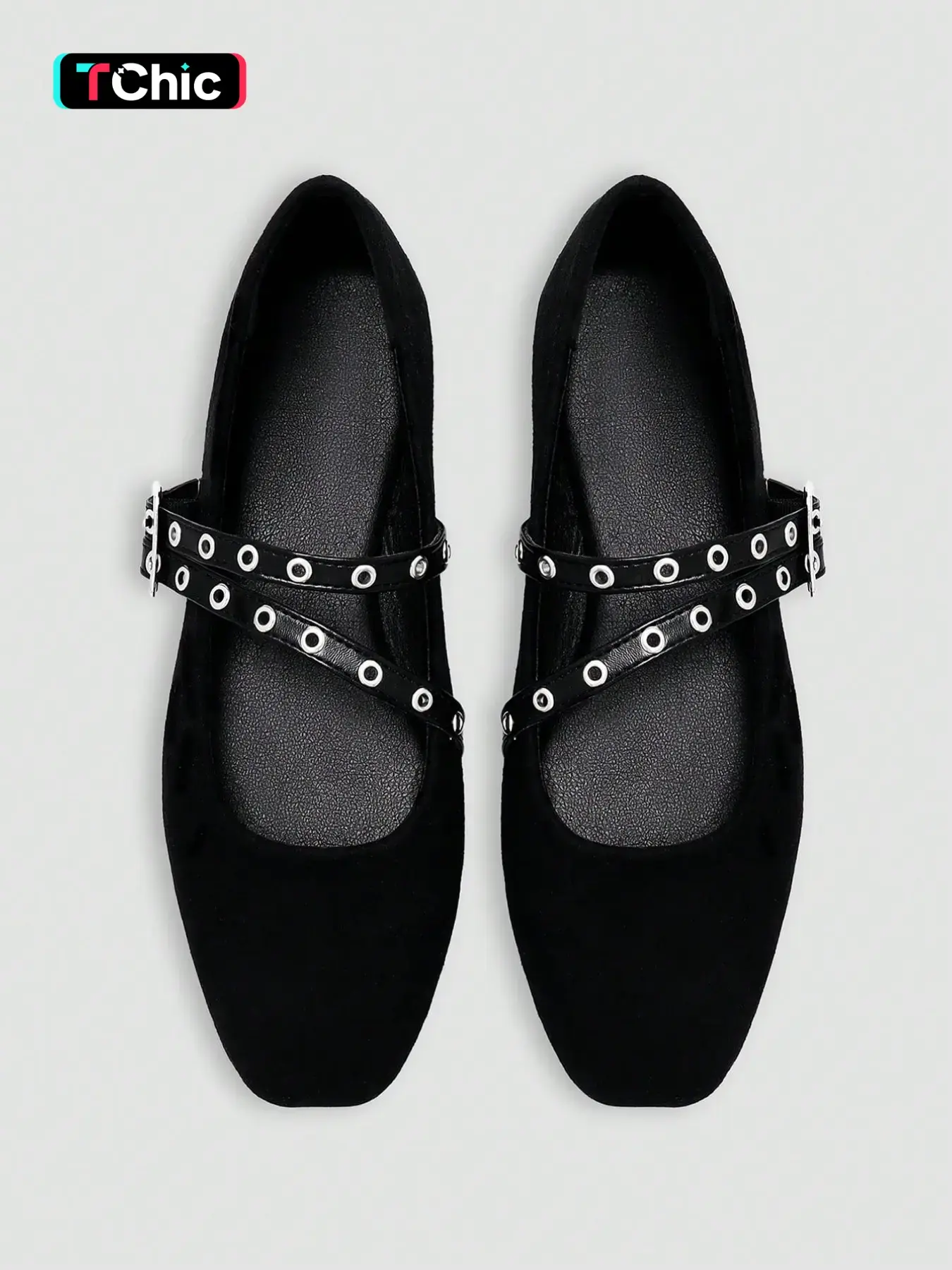 Women's Mary Jane Flat Shoes, Velvet Cross Strap Design, Silver Color Round Ring Studs, Comfortable Daily Commute Footwear, Rubber, Casual Flats, Elegant Casual Shoes