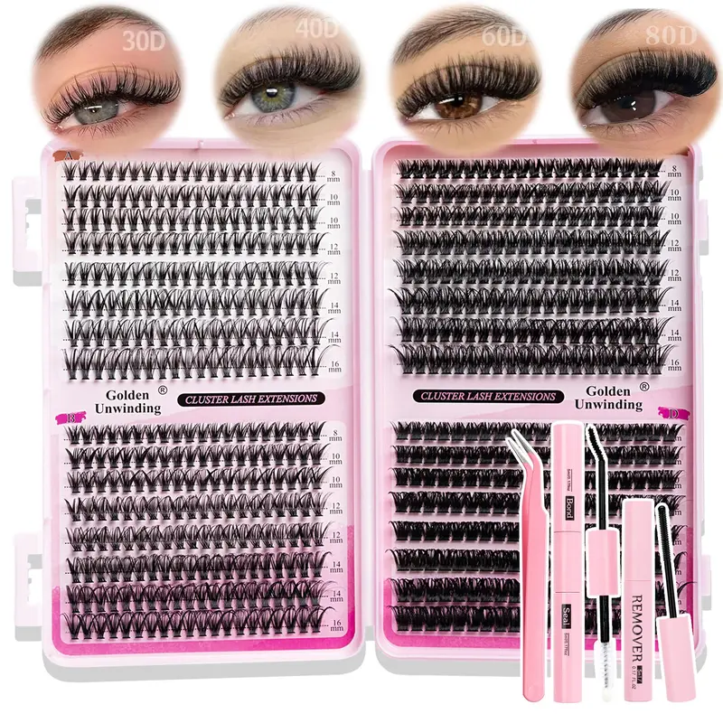 Cluster False Eyelashes, Eyelash Clusters, High Capacity, Includes Glue, Tweezers, Remover, DIY Lash Extension, Suitable for Daily Use, Parties, Travel, Gift