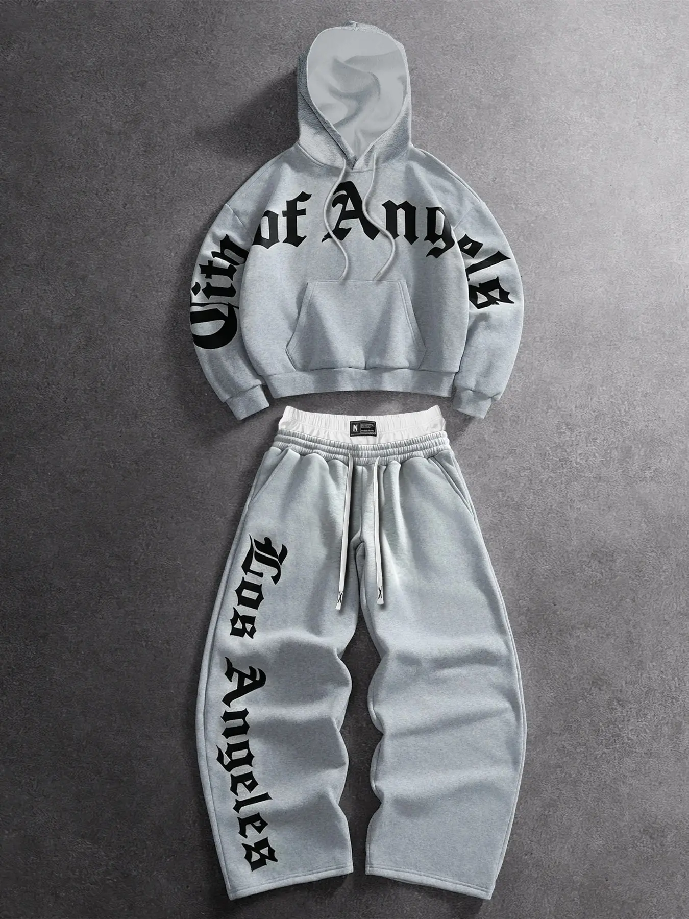 Men's Vintage Gothic Letter Print Two-Piece Set, Soft Fleece Hoodie with Pocket, Loose Fit Pants, Fall Winter Streetwear, Relaxed Lounge Set