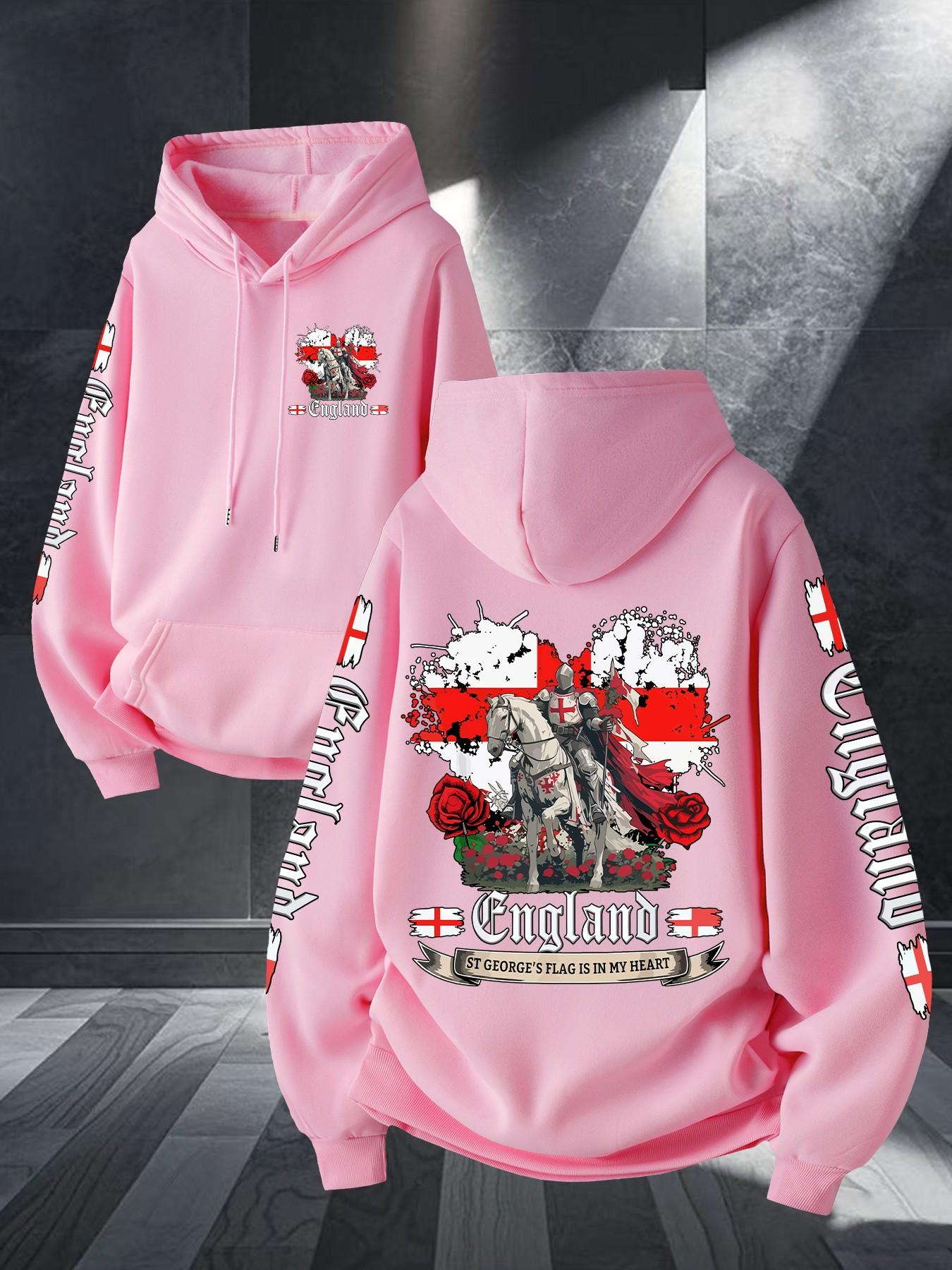 Middle Ages Long Spear Knight England Flag Print Hoodie, Unisex Casual Long Sleeve, Kangaroo Pocket, Fall & Winter Streetwear