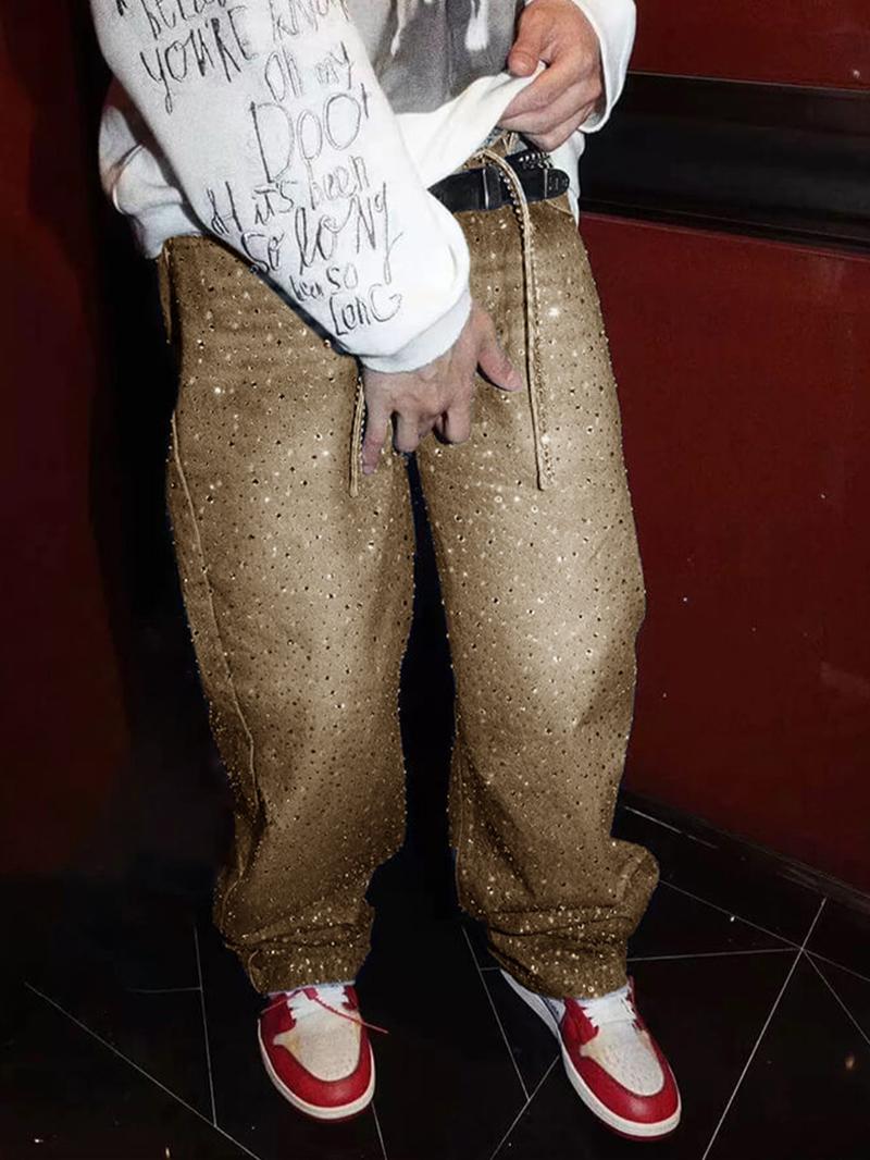 Men's Light Blue Rhinestone Loose Jeans, Full Embellished Bling Effect, Perfect Gift for Shiny Boyfriend, Street Style, All Seasons