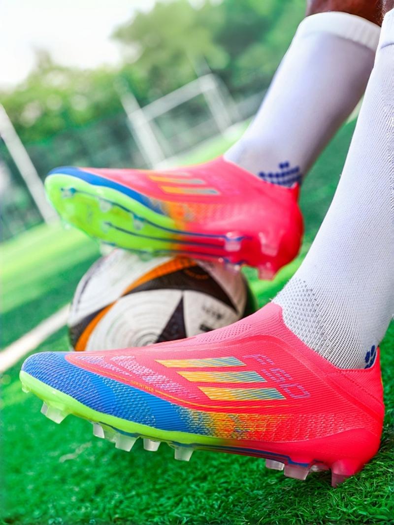 Unisex White-Blue-Orange Gradient Laceless Firm Ground Soccer Shoes: Competitive Pro Style, Knit Breathable Upper, Anti-Twist Midsole, Transparent Stud Grip. Ideal for official matches/professional training.