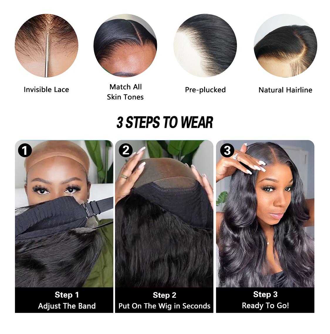 QUANDIAN Pre Cut Lace Ready Go Glueless Wig 7x5 Lace Front Wigs Human Hair Body Wave Wig 200% Density Glueless Wigs Begibber Friendly Springtok