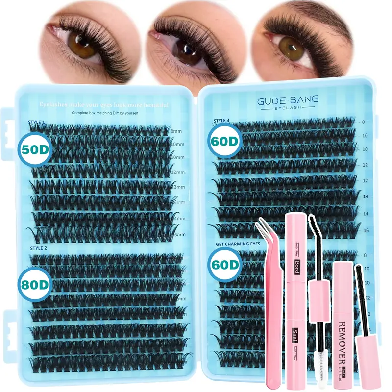 50D/60D/80D Volumized False Eyelashes Set, DIY Volume Eyelashes, Eyelash Extensions, Makeup, High Capacity, D Curl, Mixed Length, Includes Glue, Tweezers, Remover, DIY Lash Extension Kit
