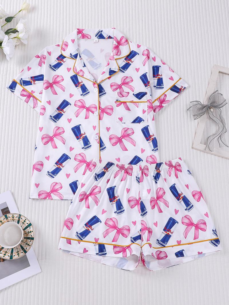 2-piece women's full body pink bow love drink bottle short sleeved shorts soft and comfortable skin friendly smooth top small pocket button closure elastic waistband suitable for all seasons home casual wear pajamas