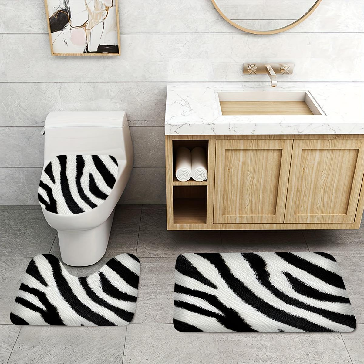 2D Flat, Bathroom Mat Set[New Arrival] 2D Flat 3pcs Set of Zebra Pattern Digital Print Quick-dry Bathroom Floor Mats, Including Toilet Lid Mat, Toilet U-shaped Mat, Made of Flannel Material with a Soft Surface. Decorative Sign& Plaque, 2D Flat