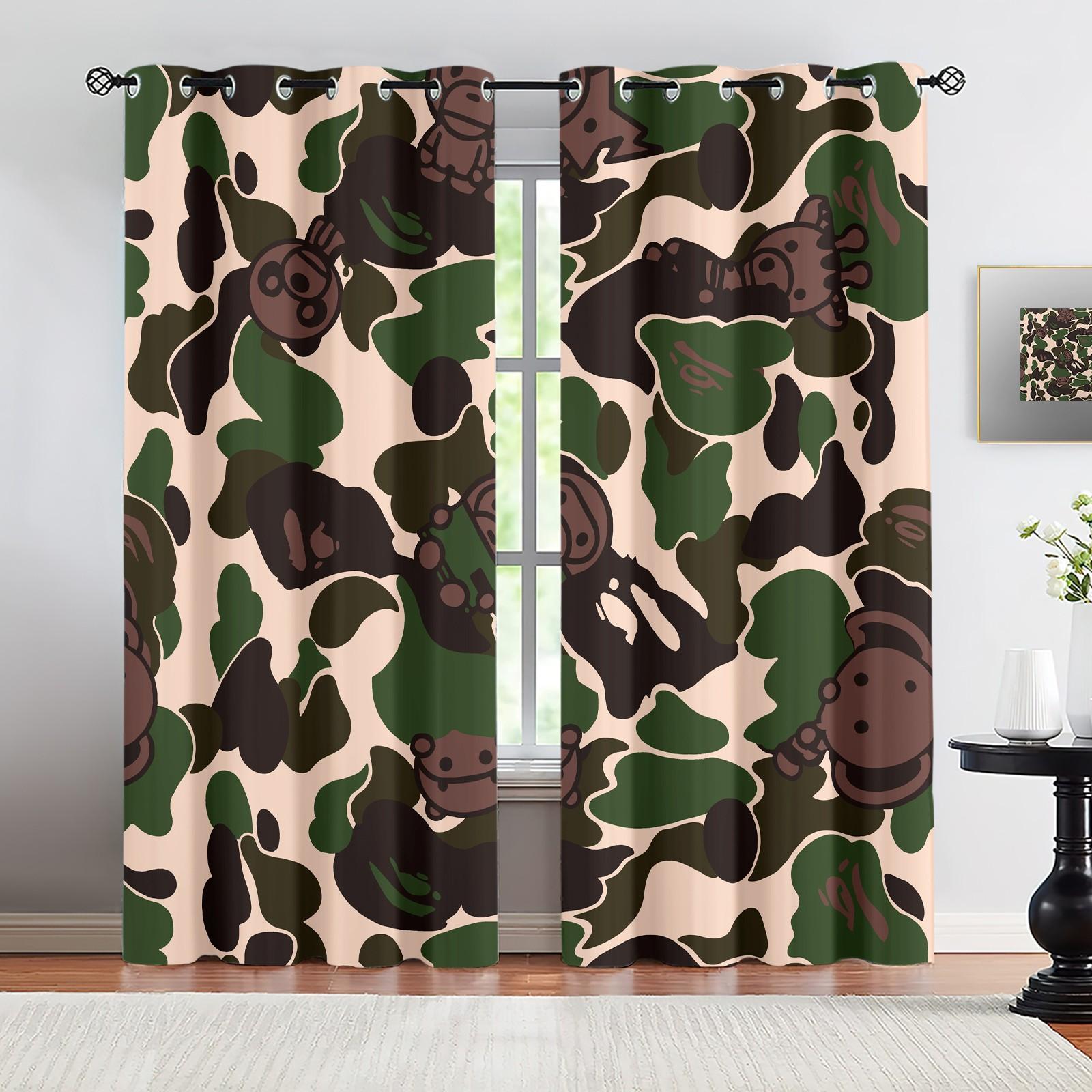 2-Pack Camouflage Print Blinds, Bape'S Iconic Ape Head Pattern Blackout Blinds, Grommet Blackout Curtains, Trendy Street-Style Children'S And Teenagers' Bedroom Blinds, Machine Washable, 2-Pack.