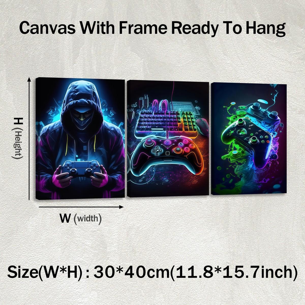 3-Pack Wood Frame Canvas Art, Neon Game Controller Wall Decor, Modern Home Decoration, Waterproof Odorless, Living Room Bedroom Office