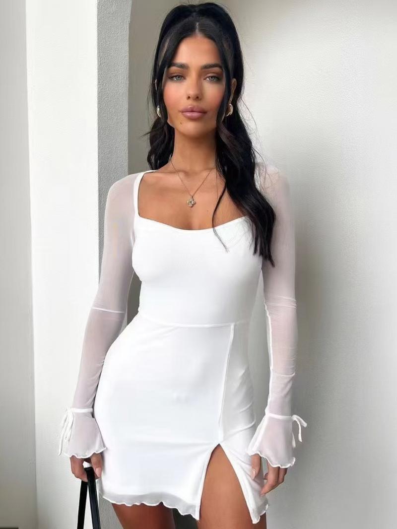 Women's Plain Sheer Bodycon Dress, Elegant Fashion Long Sleeve Short Dress for Party Club Dating Wear, Women Dress