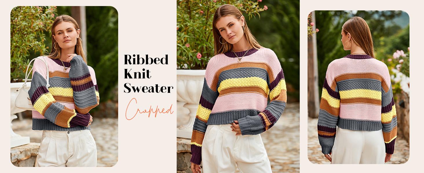 Saodimallsu Womens Color Block Sweater Striped Chunky Knit Cropped Sweaters Crewneck Fall Long Sleeve Loose Pullover Tops Casual Knitwear