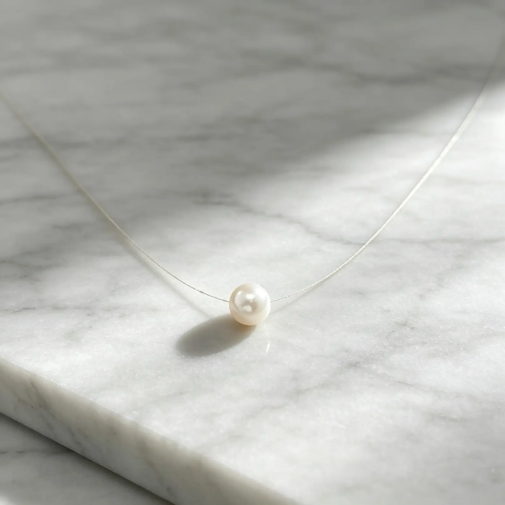 Women Girls' Lightweight Faux Pearl Round Pendant Necklace - Invisible Chain, Minimalist Floating Effect Clavicle Jewelry for Everyday Wear, Party Birthday Gift