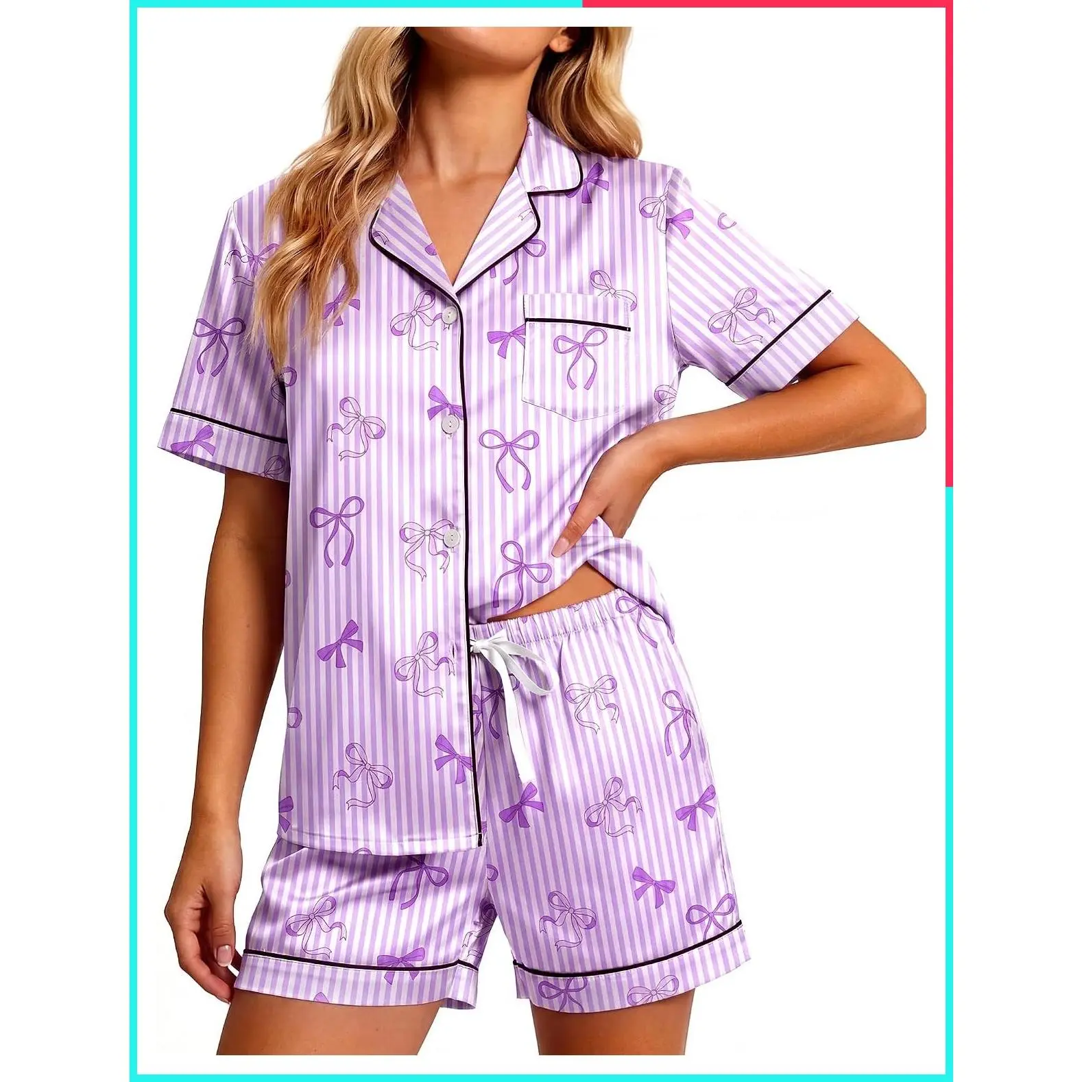 Women's Silk Satin Pajama Set with Short Sleeve Button-Down Top and Shorts, Soft Notch Collar 2-Piece Loungewear S-XL