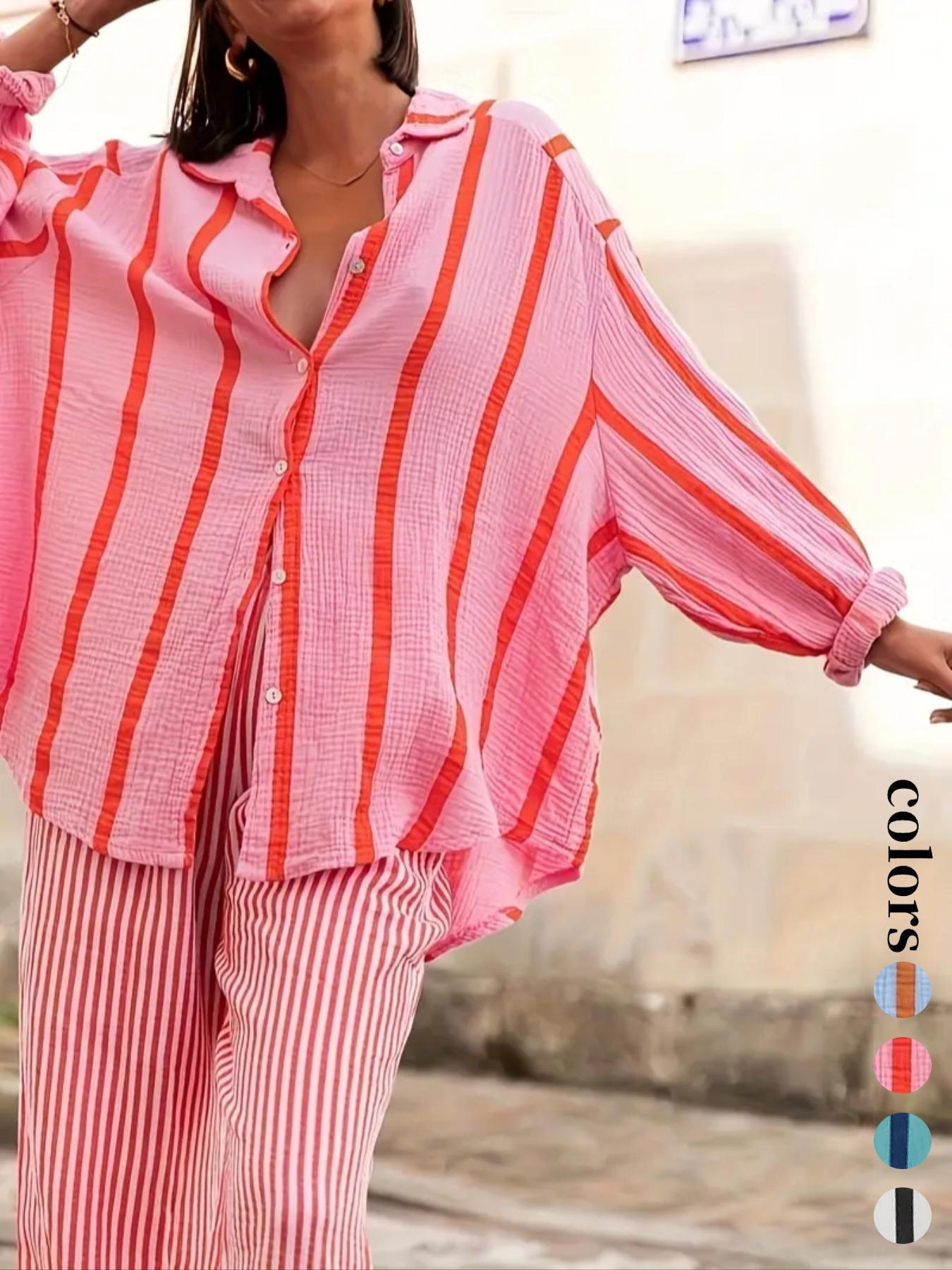 Women's Striped Print Long Sleeve Shirt Blouse, Elegant Casual Fit Button Front Top for Daily Wear, Ladies Clothes for All Seasons