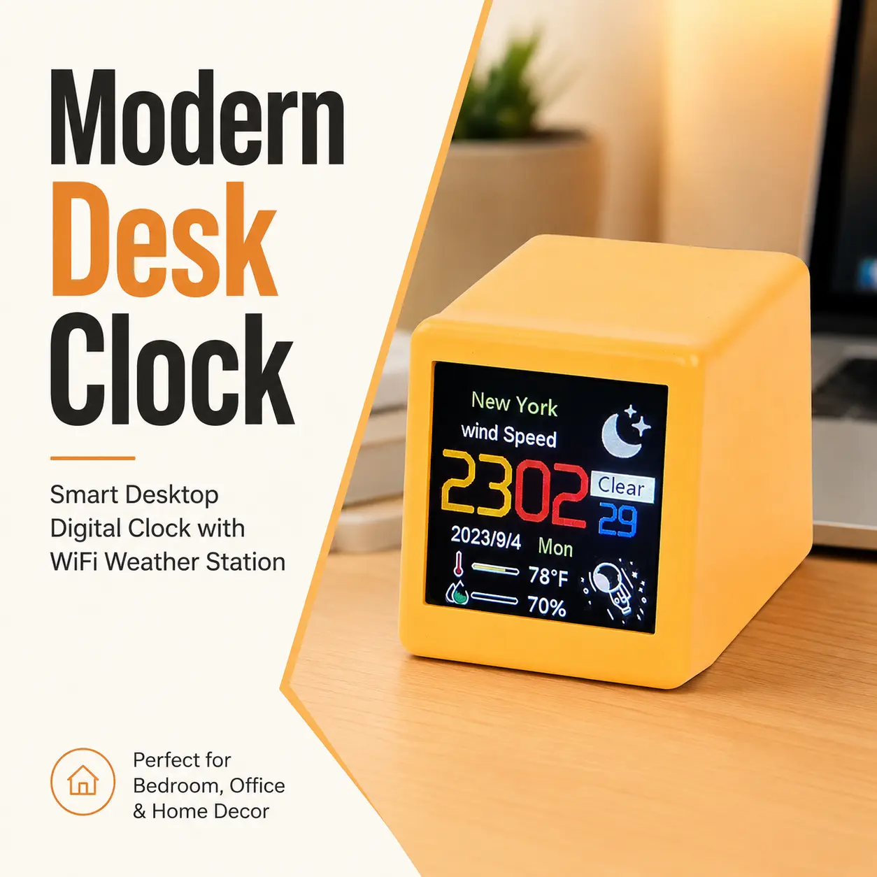 Smart Desktop Digital Clock with WiFi Weather Station, Mini Weather Display Screen, Modern Desk Clock for Bedroom, Office & Home Decor