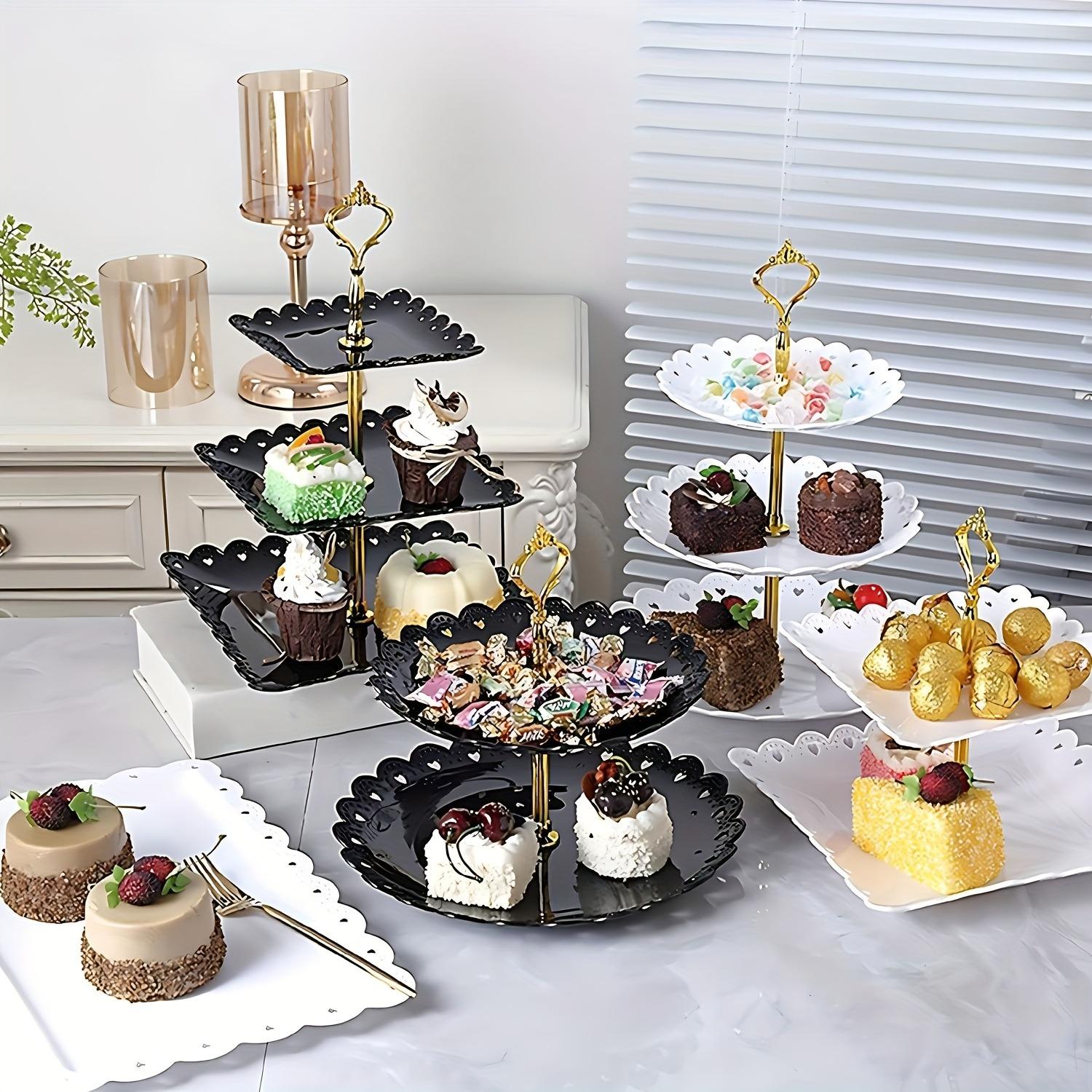6 Pieces Dessert Table Display Set, Plastic Cake Candy Fruit Serving Set with 2 Pieces Fruit Dessert Trays + 4 Pieces 2-Tier/3-Tier Cupcake Stands for Tea Party, Birthday, Wedding, Baby Shower