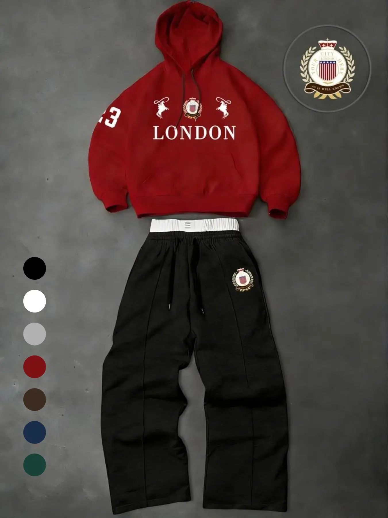 American Vintage London Badge Print Hoodie and Pants Set, Loose Fit, Fall & Winter, Streetwear Casual Style, Unisex Couple