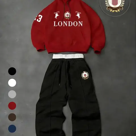 American Vintage London Badge Print Hoodie and Pants Set, Loose Fit, Fall & Winter, Streetwear Style, Casual, Unisex Couple
